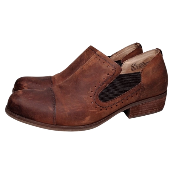 Kork-Ease Brown Leather Boho Low Stacked Heel Slip On Loafers Ankle Booties Sz11 - Picture 1 of 13